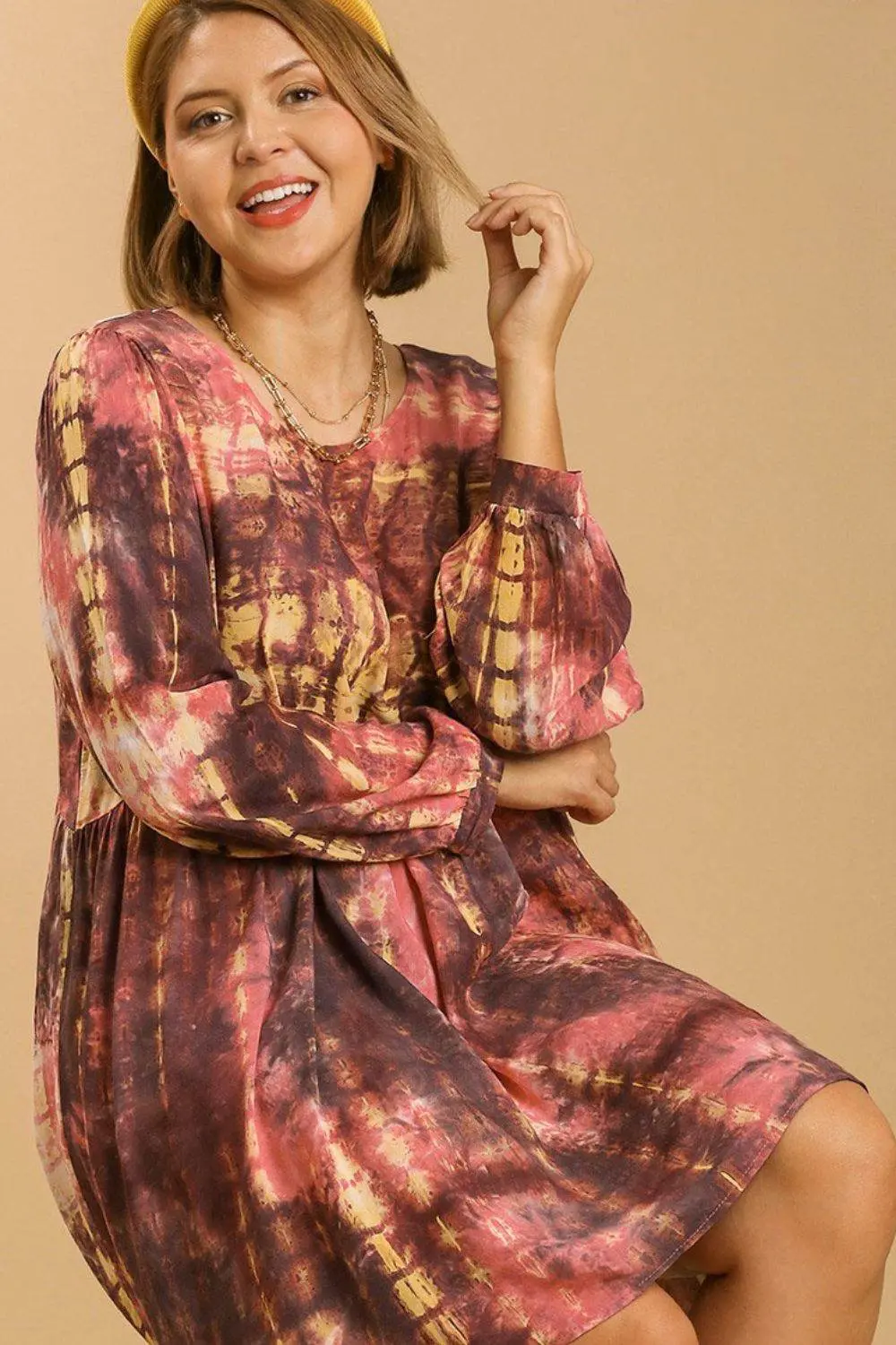 Umgee Full Size Tie Dye Long Sleeve Babydoll Dress with Keyhole Plus Size - Image 4