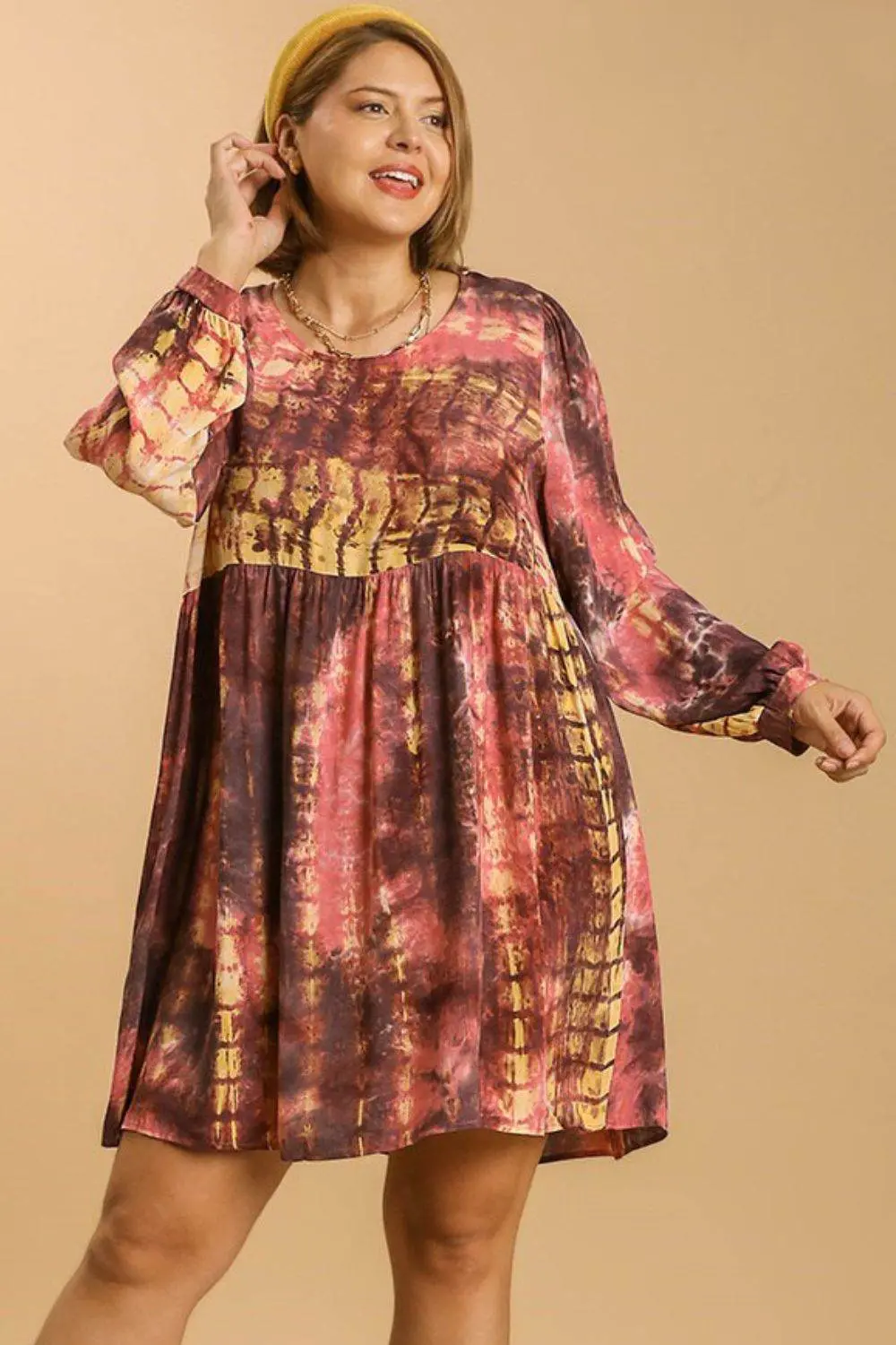 Umgee Full Size Tie Dye Long Sleeve Babydoll Dress with Keyhole Plus Size - Image 5