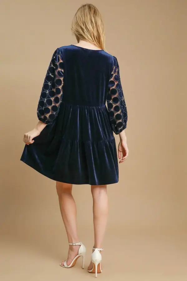 Umgee Dotted Lace Sleeve Tiered Velvet Mini Dress - Image 2