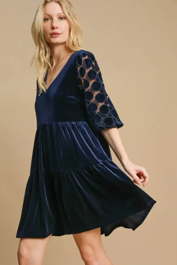 Umgee Dotted Lace Sleeve Tiered Velvet Mini Dress - Image 3