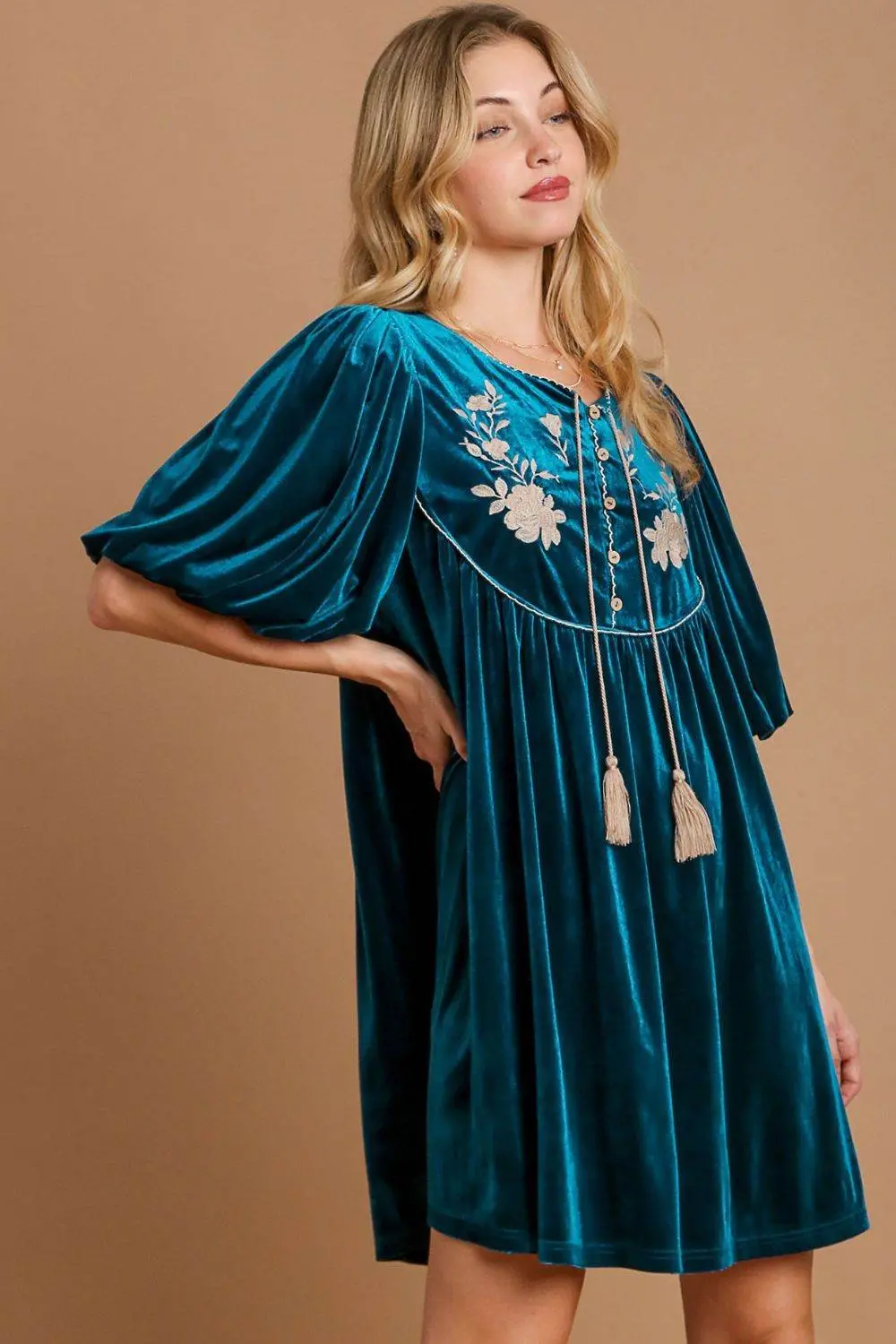Umgee Embroidered Half Sleeve Velvet Mini Dress with Tassel - Image 2