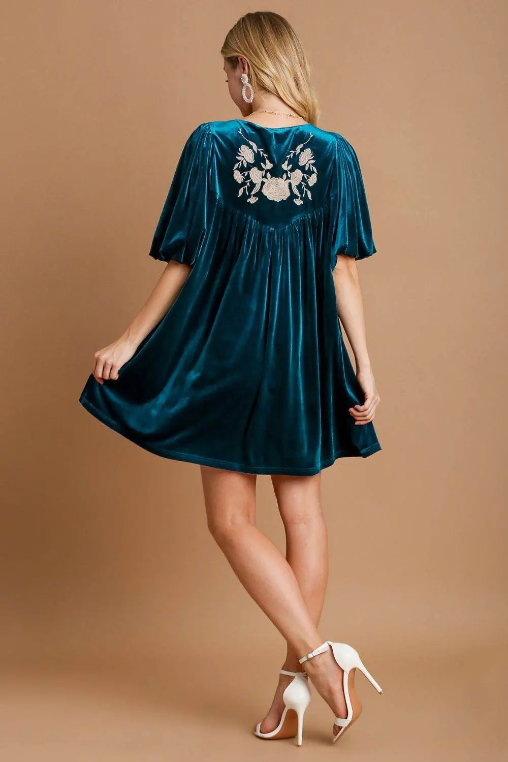 Umgee Embroidered Half Sleeve Velvet Mini Dress with Tassel - Image 3
