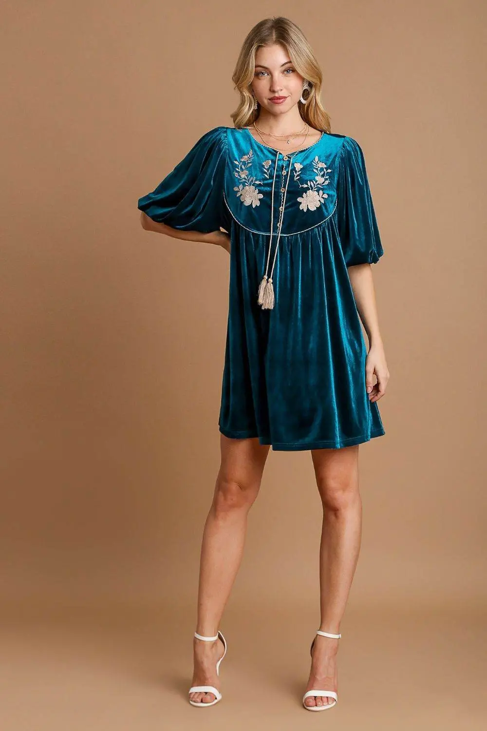 Umgee Embroidered Half Sleeve Velvet Mini Dress with Tassel - Image 4