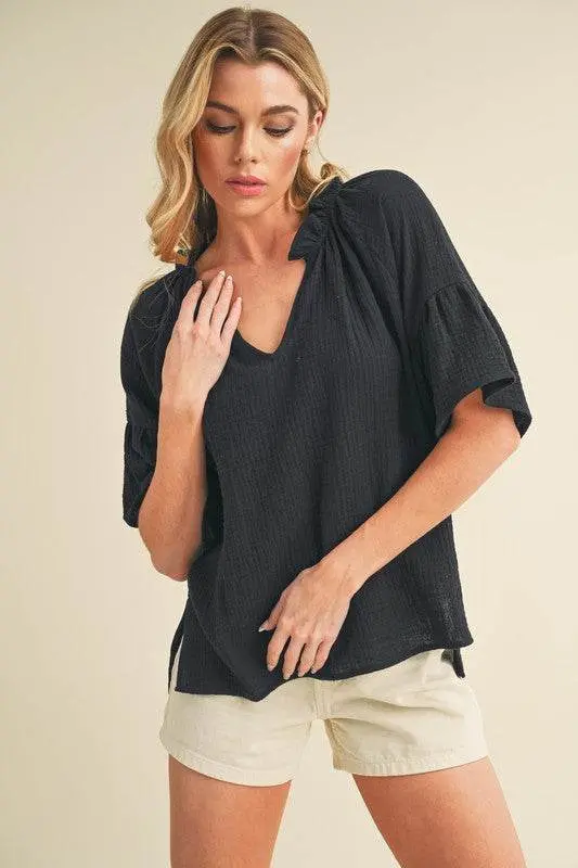 Aemi + Co Side Slit Notched Ruffled Half Sleeve Blouse - Image 2