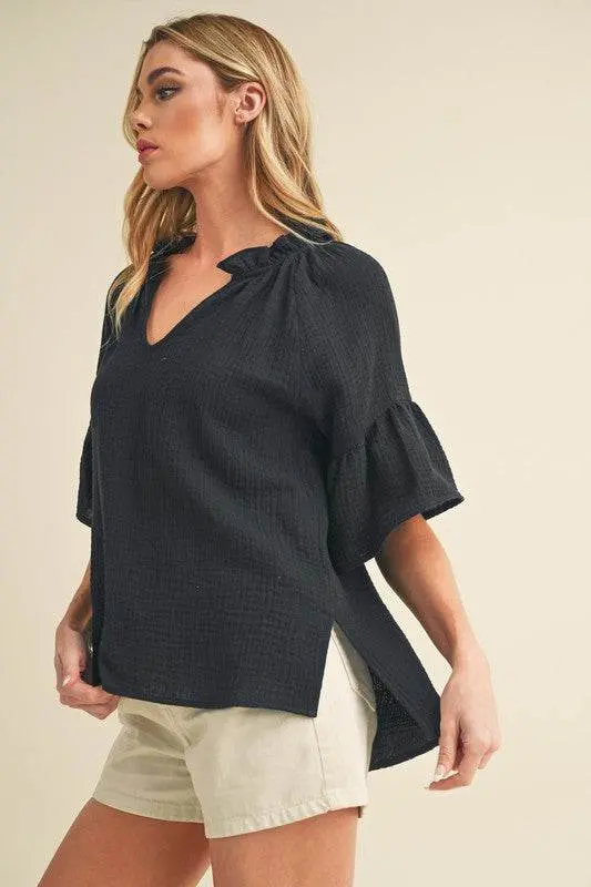 Aemi + Co Side Slit Notched Ruffled Half Sleeve Blouse - Image 3