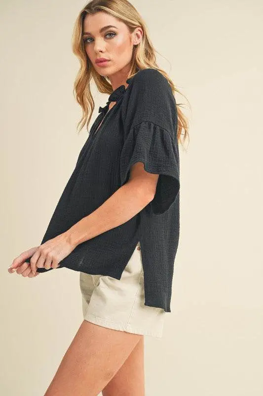 Aemi + Co Side Slit Notched Ruffled Half Sleeve Blouse - Image 4