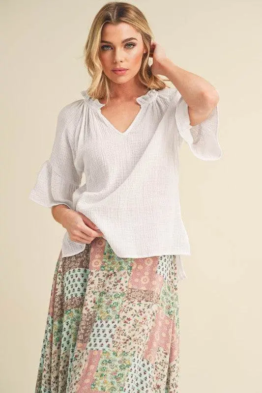 Aemi + Co Side Slit Notched Ruffled Half Sleeve Blouse - Image 2