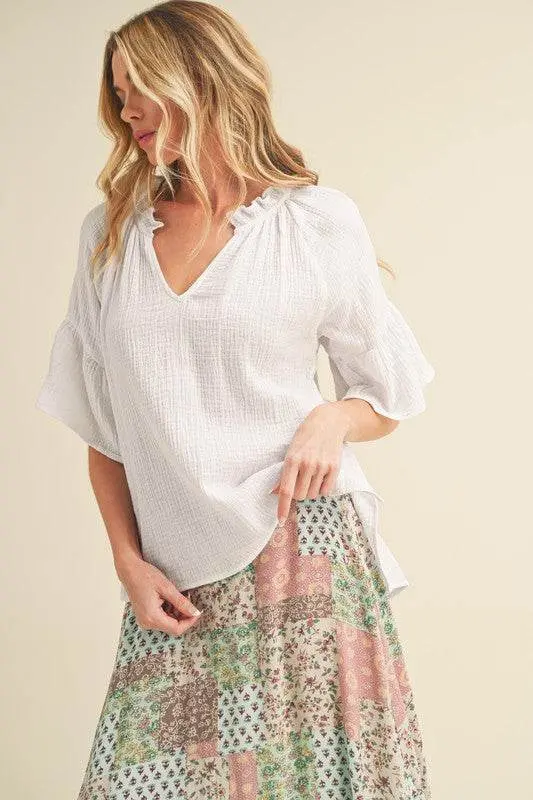 Aemi + Co Side Slit Notched Ruffled Half Sleeve Blouse - Image 6