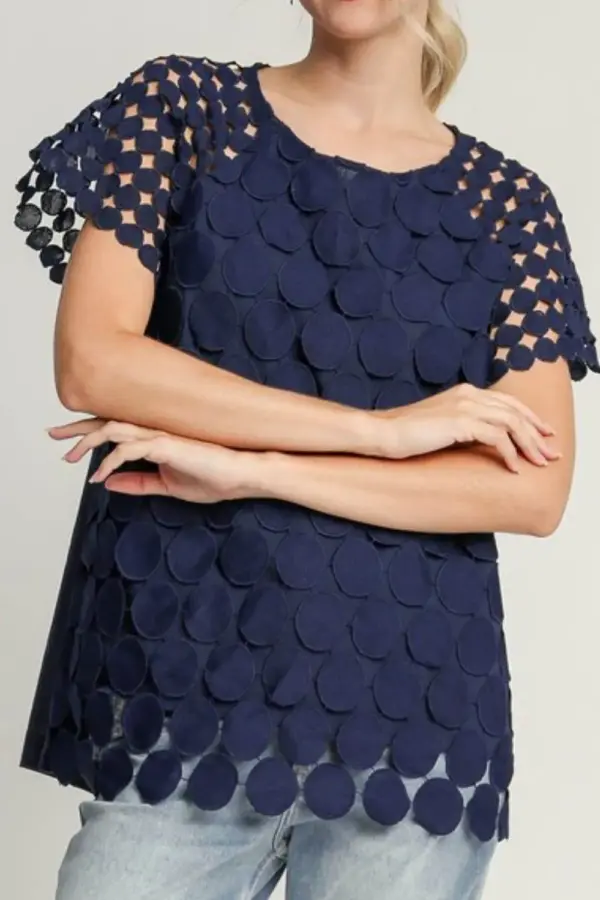 Umgee Full Size Mixed Polka Dot Lace Raglan Sleeve Boxy Cut Top Plus Size - Image 2