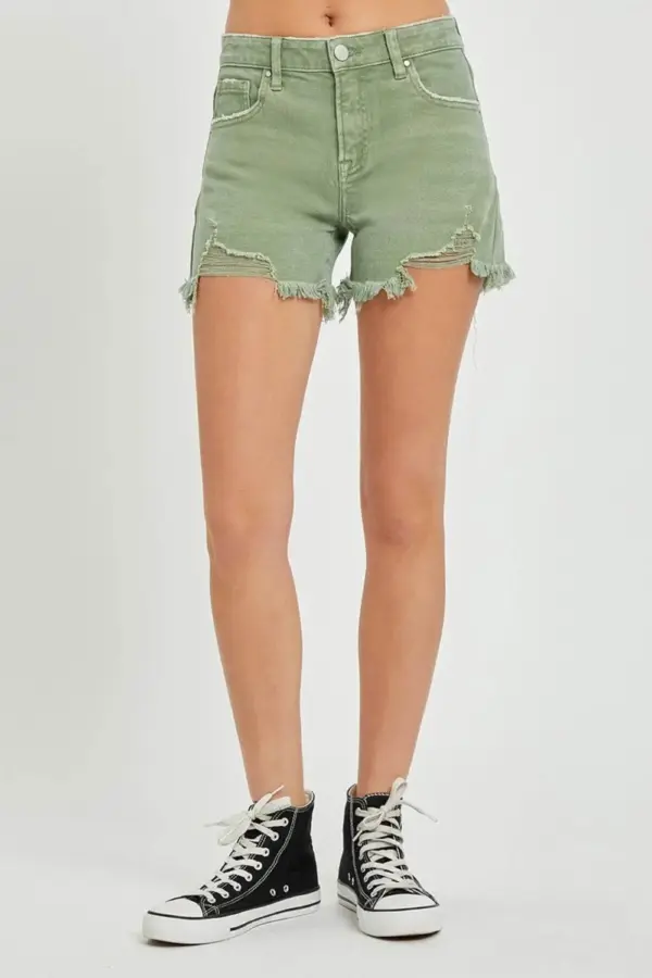 RISEN Mid Waist Frayed Hem Denim Shorts - Image 4