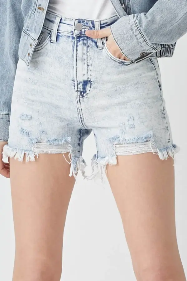 RISEN Raw Hem Distressed High Rise Denim Shorts - Image 2