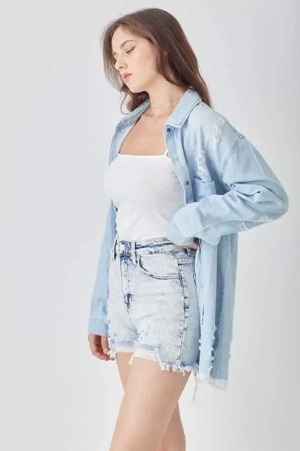 RISEN Raw Hem Distressed High Rise Denim Shorts - Image 6