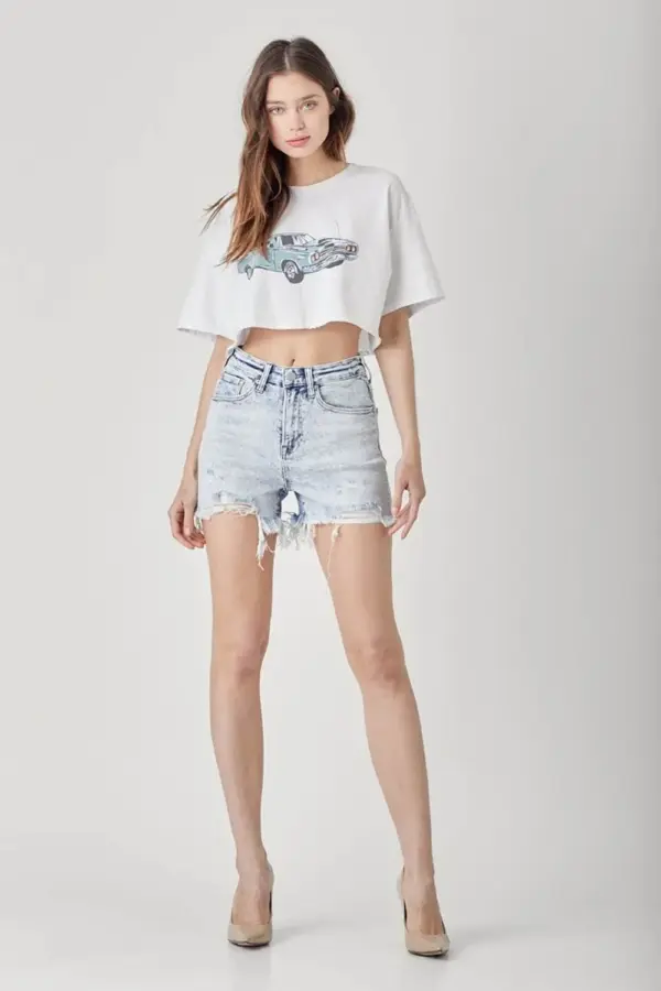 RISEN Raw Hem Distressed High Rise Denim Shorts - Image 7