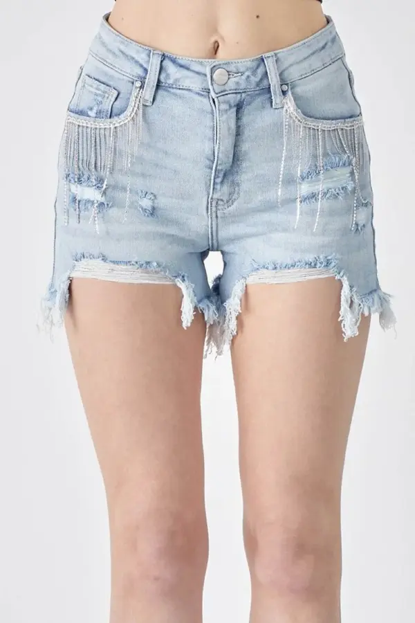 RISEN Frayed Hem Denim Shorts with Fringe Detail Pockets - Image 3