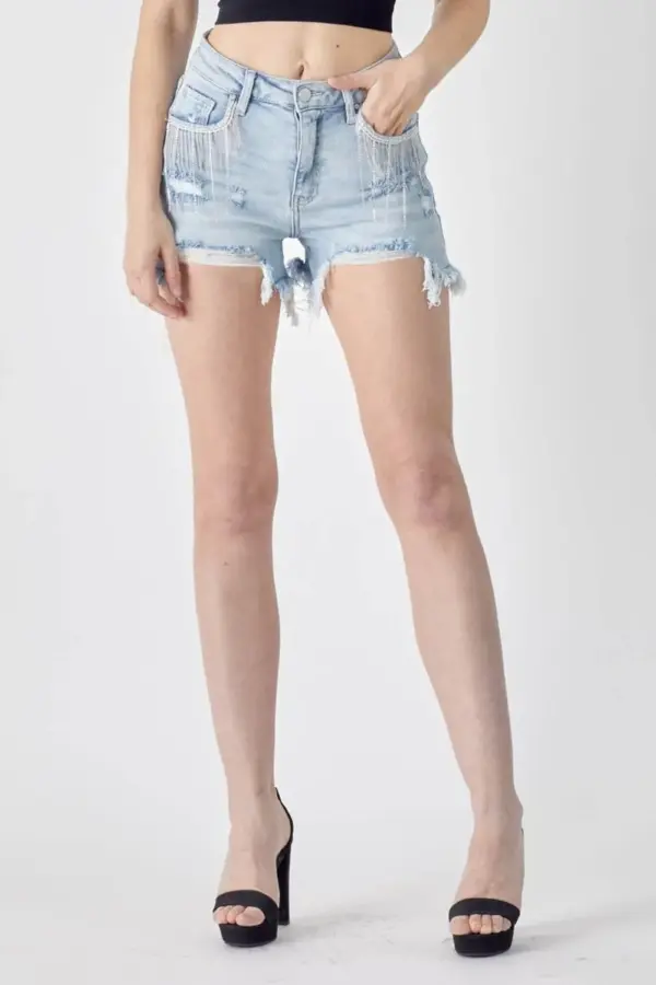 RISEN Frayed Hem Denim Shorts with Fringe Detail Pockets - Image 4