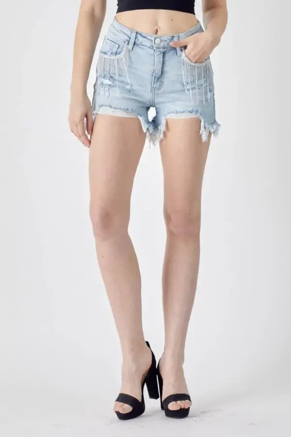 RISEN Frayed Hem Denim Shorts with Fringe Detail Pockets - Image 6
