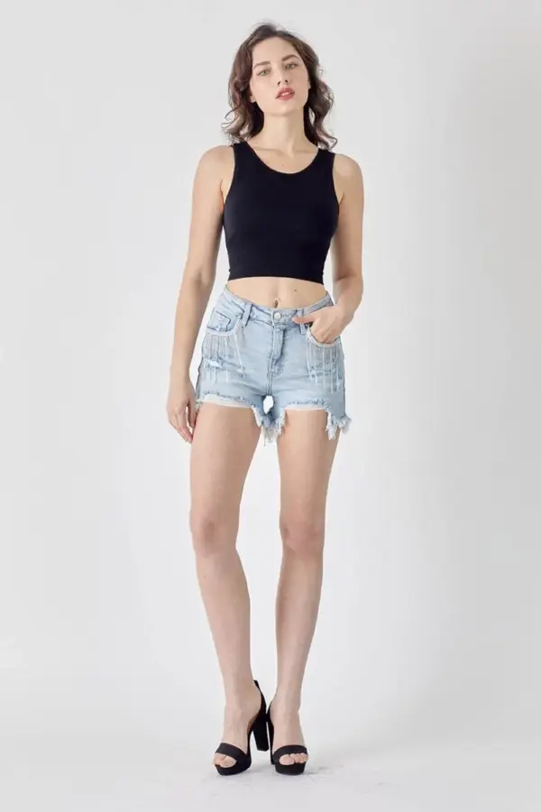 RISEN Frayed Hem Denim Shorts with Fringe Detail Pockets - Image 7