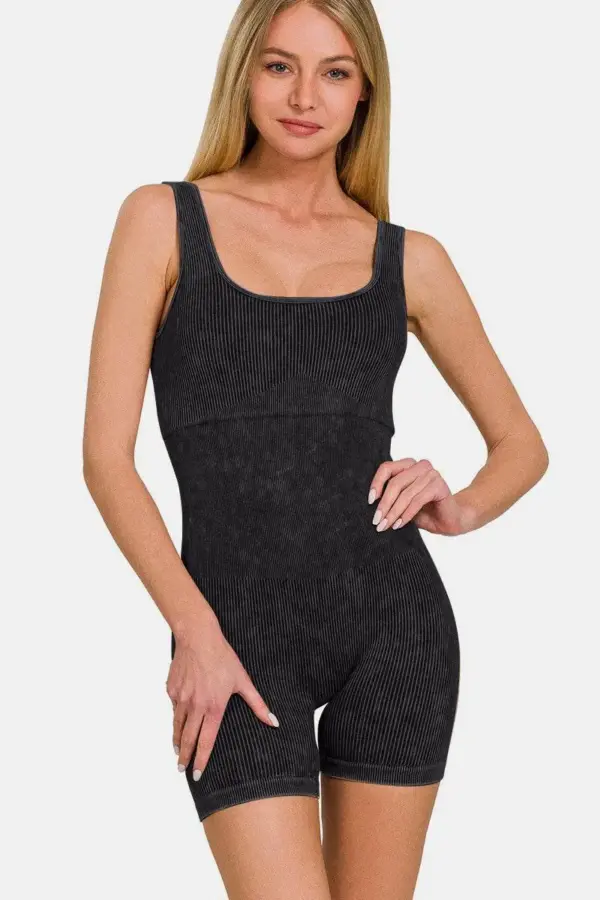 Zenana Washed Ribbed Romper with Pad - Image 3