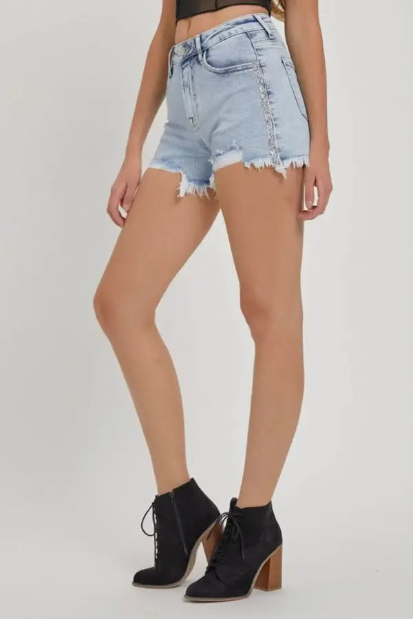 RISEN Full Size High Rise Rhinestone Strap Embellished Denim Shorts - Image 4