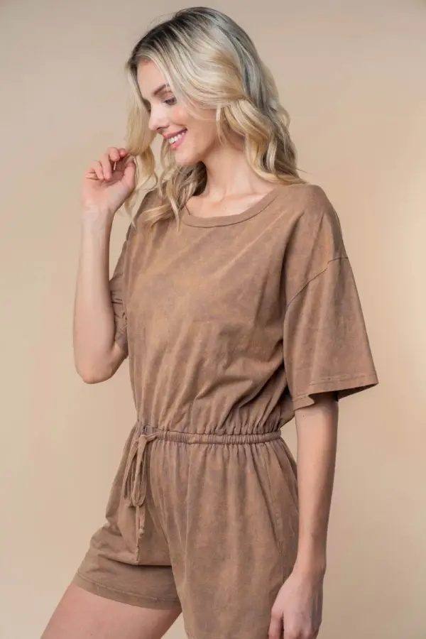 White Birch Full Size Short Sleeve Drawstring Romper - Image 3