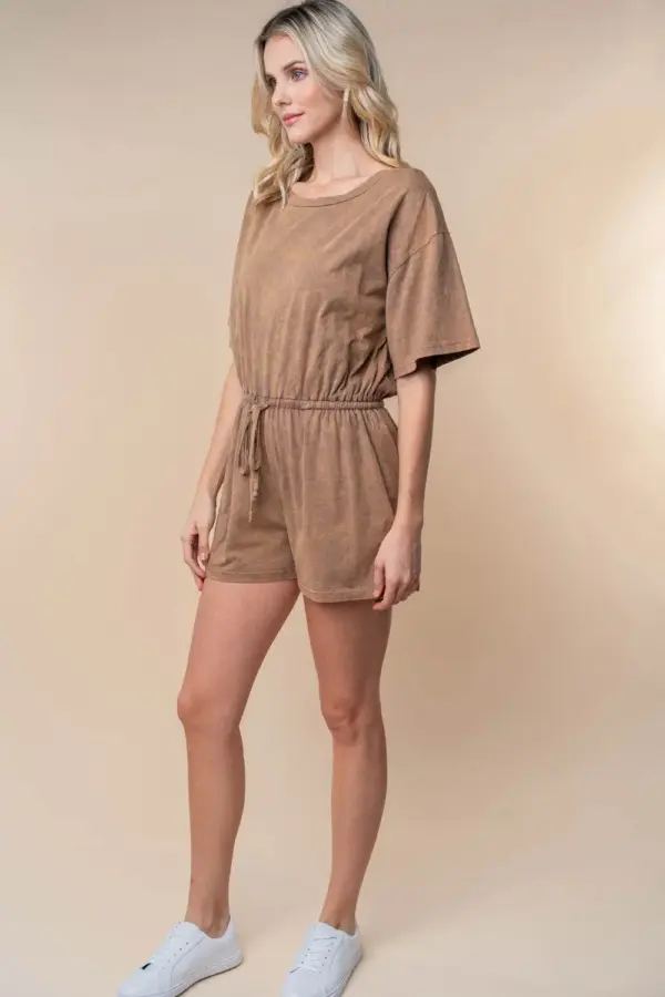 White Birch Full Size Short Sleeve Drawstring Romper - Image 4