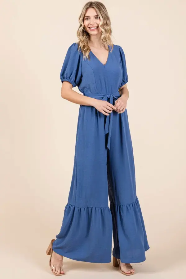 GeeGee Full Size V-Neck Belted Wide Leg Jumpsuit - Image 3