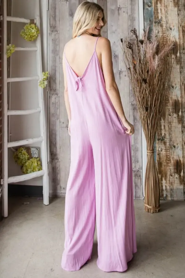 Veveret Pocketed Spaghetti Strap V-Neck Wide Leg Jumpsuit - Image 2