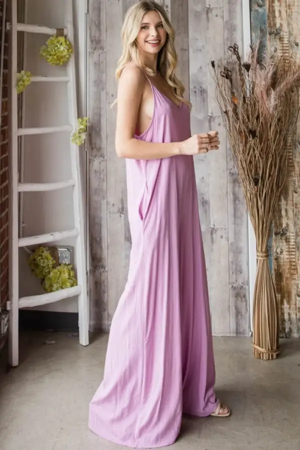 Veveret Pocketed Spaghetti Strap V-Neck Wide Leg Jumpsuit - Image 3