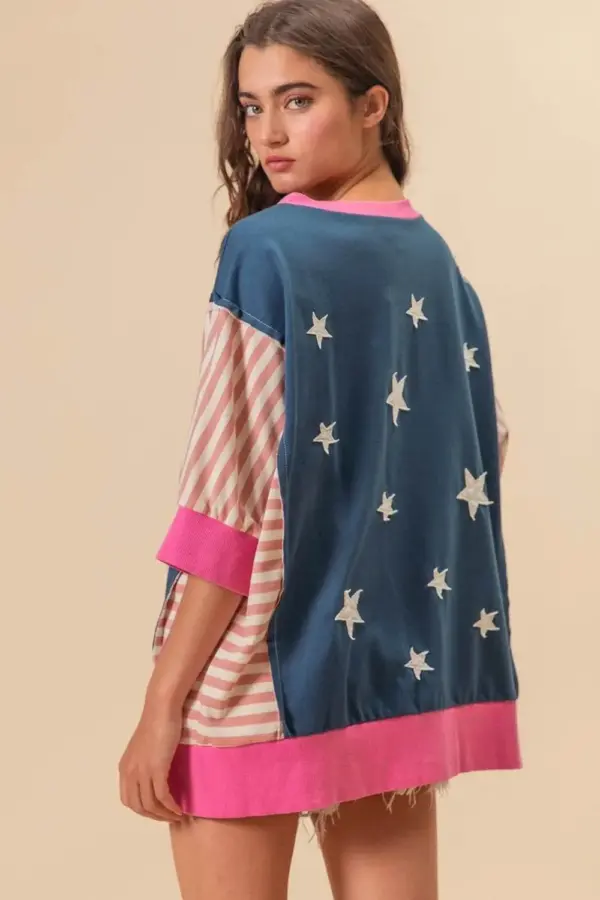 BiBi US Flag Theme Color Block Star Patch T-Shirt - Image 2