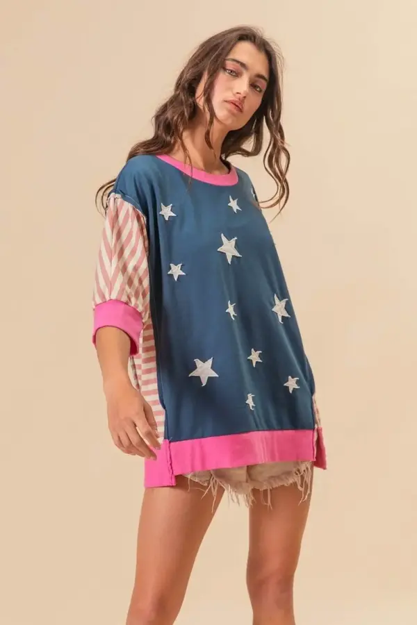 BiBi US Flag Theme Color Block Star Patch T-Shirt - Image 3