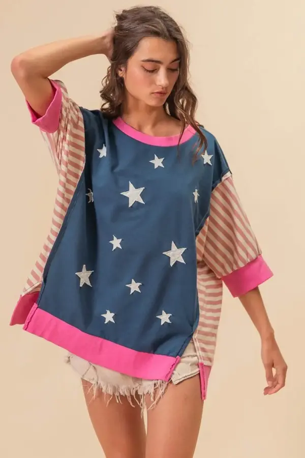 BiBi US Flag Theme Color Block Star Patch T-Shirt - Image 4