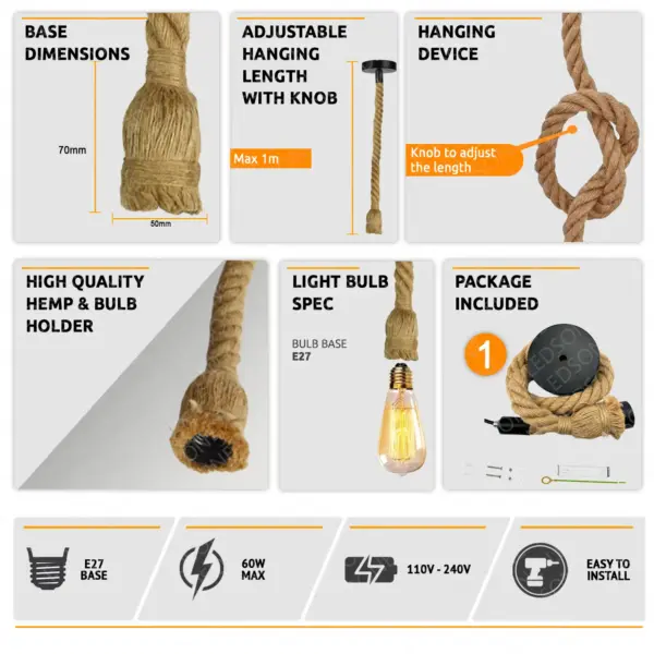 Industrial Twisted Rope Pendant Light holder~1225 - Image 4