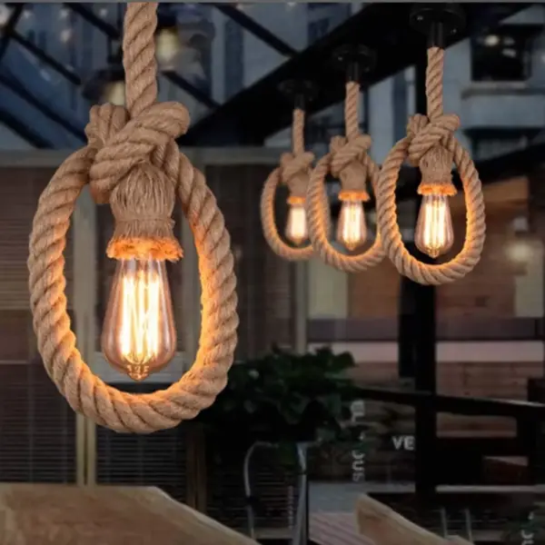 Industrial Hemp Rope Pendant lighting Edison E26 Socket Rope Lighting Farmhouse Lamp~1235 - Image 4